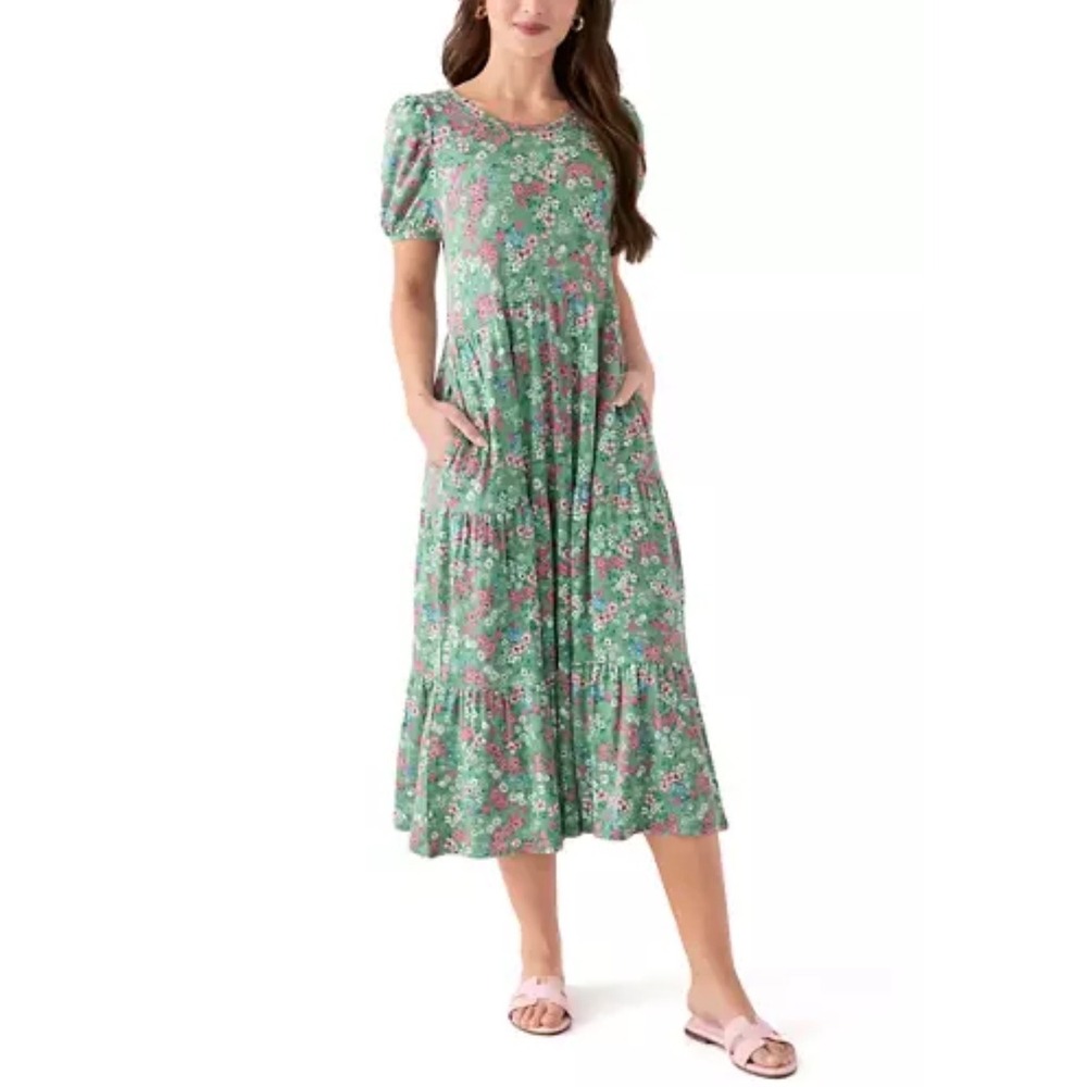 Crown & Ivy Womens Plus 1X Green Floral Tiered Midi Dress Puff Sleeve Cottage